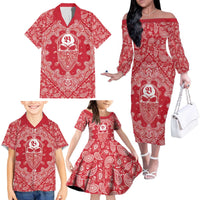 Red Paisley Family Matching Off The Shoulder Long Sleeve Dress and Hawaiian Shirt Skull Gangster - Wonder Print Shop