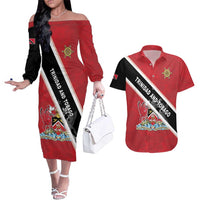 Personalized Trinidad and Tobago Couples Matching Off The Shoulder Long Sleeve Dress and Hawaiian Shirt Coat Of Arms Flag Style