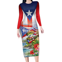 Puerto Rico Coqui Frog Long Sleeve Bodycon Dress Happy Emancipation Day