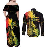 Afro Music Pride Couples Matching Off Shoulder Maxi Dress and Long Sleeve Button Shirt From Our Roots The World Finds Rhythm - Wonder Print Shop