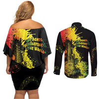 Afro Music Pride Couples Matching Off Shoulder Short Dress and Long Sleeve Button Shirt From Our Roots The World Finds Rhythm - Wonder Print Shop