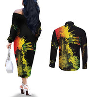 Afro Music Pride Couples Matching Off The Shoulder Long Sleeve Dress and Long Sleeve Button Shirt From Our Roots The World Finds Rhythm - Wonder Print Shop
