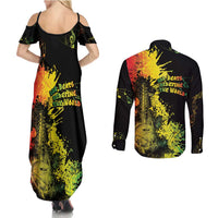 Afro Music Pride Couples Matching Summer Maxi Dress and Long Sleeve Button Shirt From Our Roots The World Finds Rhythm - Wonder Print Shop