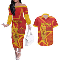 Custom Spain 2024 Football Couples Matching Off The Shoulder Long Sleeve Dress and Hawaiian Shirt La Roja Reigns Supreme LT05 - Wonder Print Shop