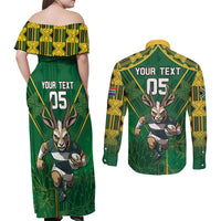Custom South Africa Rugby 2024 Couples Matching Off Shoulder Maxi Dress and Long Sleeve Button Shirt Go Bokke African Pattern LT05 - Wonder Print Shop