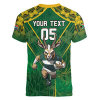 Custom South Africa Rugby 2024 Women V-Neck T-Shirt Go Bokke African Pattern LT05 - Wonder Print Shop