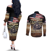 United States Veterans Day Couples Matching Off The Shoulder Long Sleeve Dress and Long Sleeve Button Shirt Thank You Veterans Proud US Flag