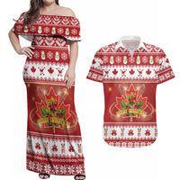 Merry Christmas Canada Couples Matching Off Shoulder Maxi Dress and Hawaiian Shirt Festive Maple Leaf Xmas - Wonder Print Shop