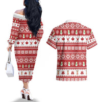 Merry Christmas Canada Couples Matching Off The Shoulder Long Sleeve Dress and Hawaiian Shirt Festive Maple Leaf Xmas - Wonder Print Shop