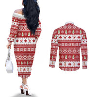 Merry Christmas Canada Couples Matching Off The Shoulder Long Sleeve Dress and Long Sleeve Button Shirt Festive Maple Leaf Xmas - Wonder Print Shop