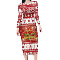 Merry Christmas Canada Long Sleeve Bodycon Dress Festive Maple Leaf Xmas - Wonder Print Shop