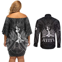 Haiti 1804 Couples Matching Off Shoulder Short Dress and Long Sleeve Button Shirt Polynesian Silver Neg Maron LT05 - Wonder Print Shop