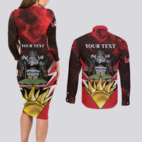 Personalized Antigua and Barbuda Couples Matching Long Sleeve Bodycon Dress and Long Sleeve Button Shirt Coat Of Arms With Fallow Deer