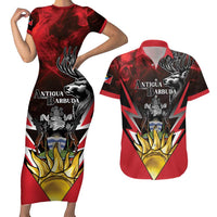 Personalized Antigua and Barbuda Couples Matching Short Sleeve Bodycon Dress and Hawaiian Shirt Coat Of Arms With Fallow Deer