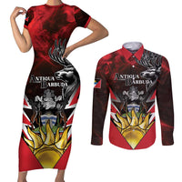 Personalized Antigua and Barbuda Couples Matching Short Sleeve Bodycon Dress and Long Sleeve Button Shirt Coat Of Arms With Fallow Deer