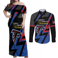 Custom Antigua and Barbuda Cricket Couples Matching Off Shoulder Maxi Dress and Long Sleeve Button Shirt Sporty Style