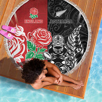 New Zealand And England Rugby Beach Blanket Maori Tiki With Red Rose Together