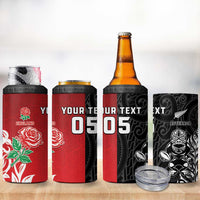 New Zealand And England Rugby Custom 4 in 1 Can Cooler Tumbler Maori Tiki With Red Rose Together