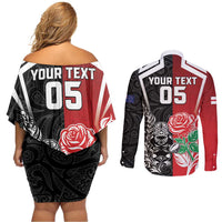 New Zealand And England Rugby Custom Couples Matching Off Shoulder Short Dress and Long Sleeve Button Shirt Maori Tiki With Red Rose Together