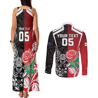 New Zealand And England Rugby Custom Couples Matching Tank Maxi Dress and Long Sleeve Button Shirt Maori Tiki With Red Rose Together