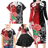 New Zealand And England Rugby Custom Family Matching Long Sleeve Bodycon Dress and Hawaiian Shirt Maori Tiki With Red Rose Together