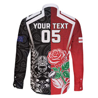 New Zealand And England Rugby Custom Family Matching Tank Maxi Dress and Hawaiian Shirt Maori Tiki With Red Rose Together