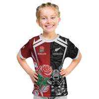 New Zealand And England Rugby Custom Kid T Shirt Maori Tiki With Red Rose Together