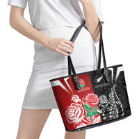 New Zealand And England Rugby Leather Tote Bag Maori Tiki With Red Rose Together