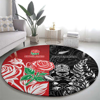 New Zealand And England Rugby Round Carpet Maori Tiki With Red Rose Together