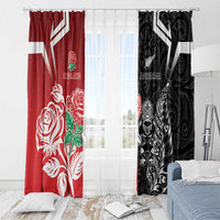 New Zealand And England Rugby Window Curtain Maori Tiki With Red Rose Together