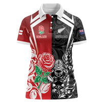 New Zealand And England Rugby Custom Women Polo Shirt Maori Tiki With Red Rose Together