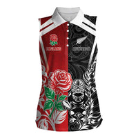 New Zealand And England Rugby Custom Women Sleeveless Polo Shirt Maori Tiki With Red Rose Together