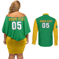 Custom Brazil Football Couples Matching Off Shoulder Short Dress and Long Sleeve Button Shirt Flag Style