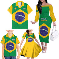 Custom Brazil Football Family Matching Off The Shoulder Long Sleeve Dress and Hawaiian Shirt Flag Style