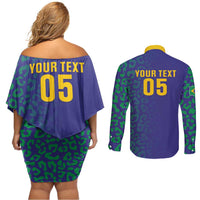Custom Brazil Football Couples Matching Off Shoulder Short Dress and Long Sleeve Button Shirt With Leopard Pattern