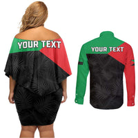 Personalized Martinique Couples Matching Off Shoulder Short Dress and Long Sleeve Button Shirt Simple Style With Palm Leaf Pattern