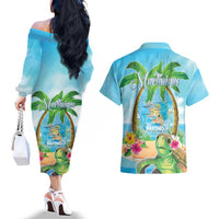 Bonjou Martinique Couples Matching Off The Shoulder Long Sleeve Dress and Hawaiian Shirt Welcome To Heaven