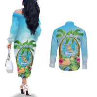 Bonjou Martinique Couples Matching Off The Shoulder Long Sleeve Dress and Long Sleeve Button Shirt Welcome To Heaven