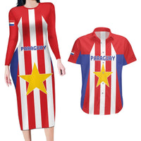 Custom Paraguay Star Football Couples Matching Long Sleeve Bodycon Dress and Hawaiian Shirt Go Albirroja