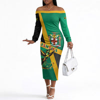 Jamaica Independence Day Off The Shoulder Long Sleeve Dress Coat Of Arms With Doctor Bird Tropical Vibes