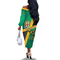 Jamaica Independence Day Off The Shoulder Long Sleeve Dress Coat Of Arms With Doctor Bird Tropical Vibes