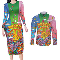 Hippie Peace Love Couples Matching Long Sleeve Bodycon Dress and Long Sleeve Button Shirt Colorful Style - Wonder Print Shop