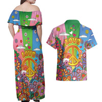 Hippie Peace Love Couples Matching Off Shoulder Maxi Dress and Hawaiian Shirt Colorful Style - Wonder Print Shop