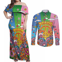 Hippie Peace Love Couples Matching Off Shoulder Maxi Dress and Long Sleeve Button Shirt Colorful Style - Wonder Print Shop