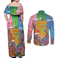 Hippie Peace Love Couples Matching Off Shoulder Maxi Dress and Long Sleeve Button Shirt Colorful Style - Wonder Print Shop