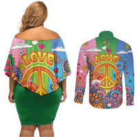 Hippie Peace Love Couples Matching Off Shoulder Short Dress and Long Sleeve Button Shirt Colorful Style - Wonder Print Shop