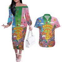 Hippie Peace Love Couples Matching Off The Shoulder Long Sleeve Dress and Hawaiian Shirt Colorful Style - Wonder Print Shop