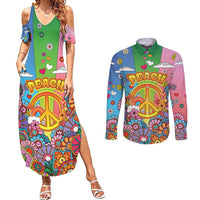 Hippie Peace Love Couples Matching Summer Maxi Dress and Long Sleeve Button Shirt Colorful Style - Wonder Print Shop