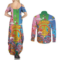 Hippie Peace Love Couples Matching Summer Maxi Dress and Long Sleeve Button Shirt Colorful Style - Wonder Print Shop