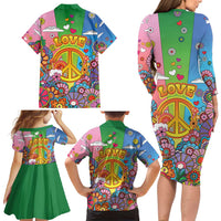 Hippie Peace Love Family Matching Long Sleeve Bodycon Dress and Hawaiian Shirt Colorful Style - Wonder Print Shop